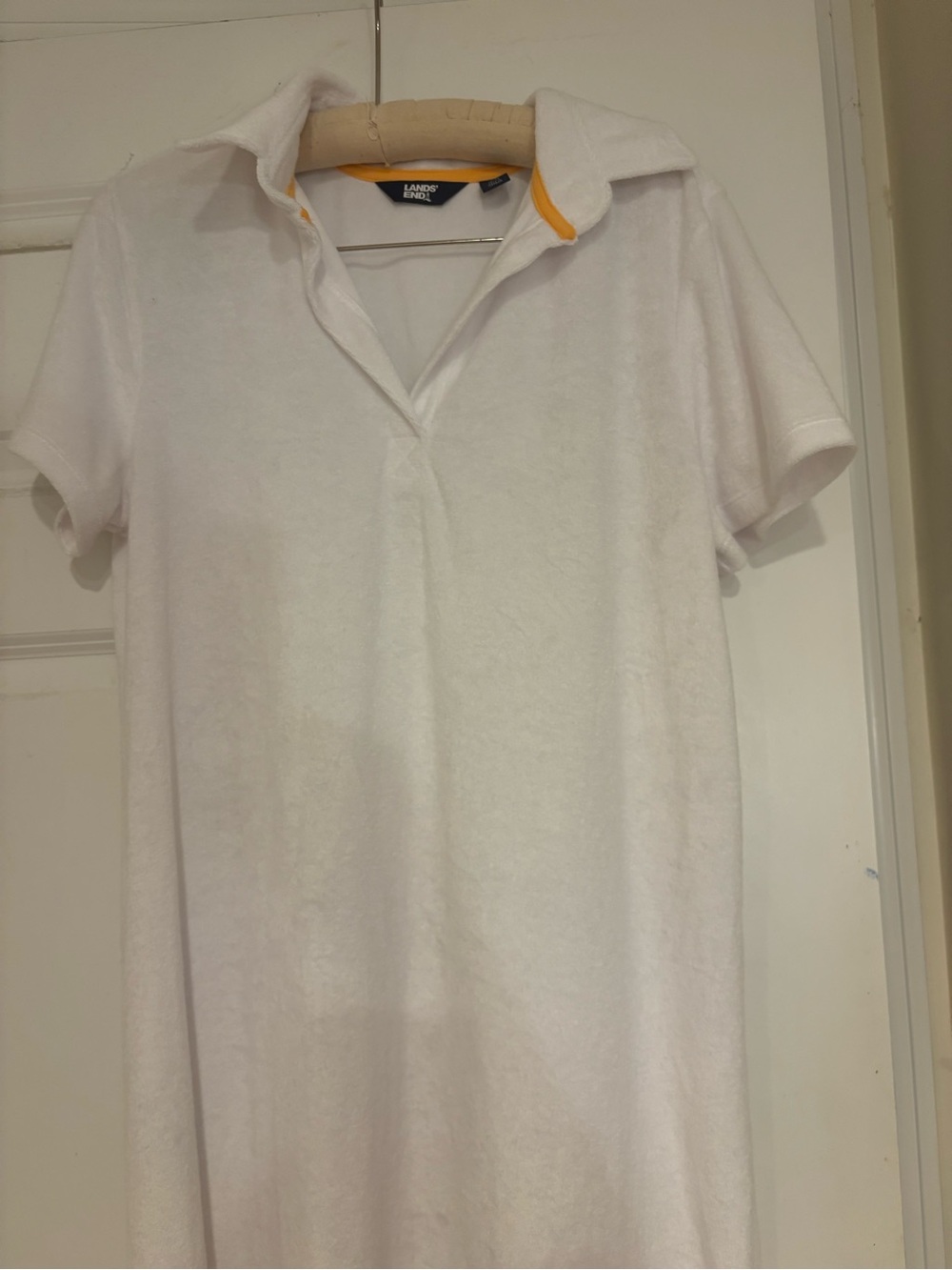 Lands' End Terri Cloth like White women’s  Polo Dress with Orange Collar Trim